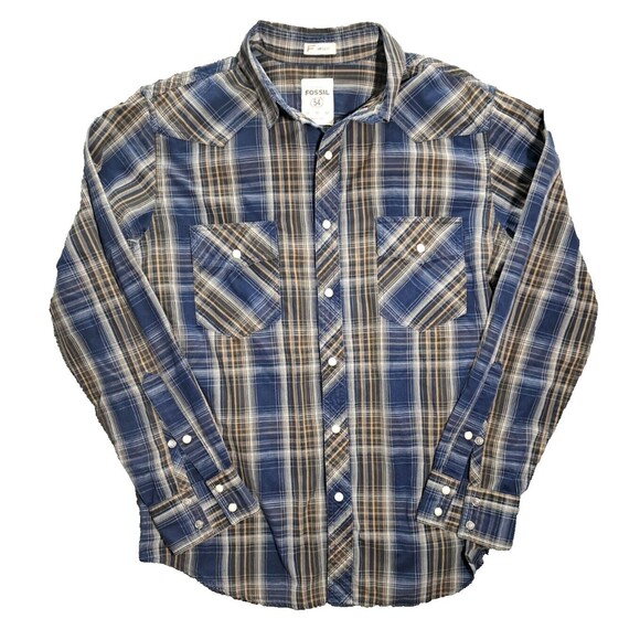 Fossil Dress Shirt Mens Sz Medium Button Up Down Long Sleeve Casual Button Snaps - Picture 1 of 7